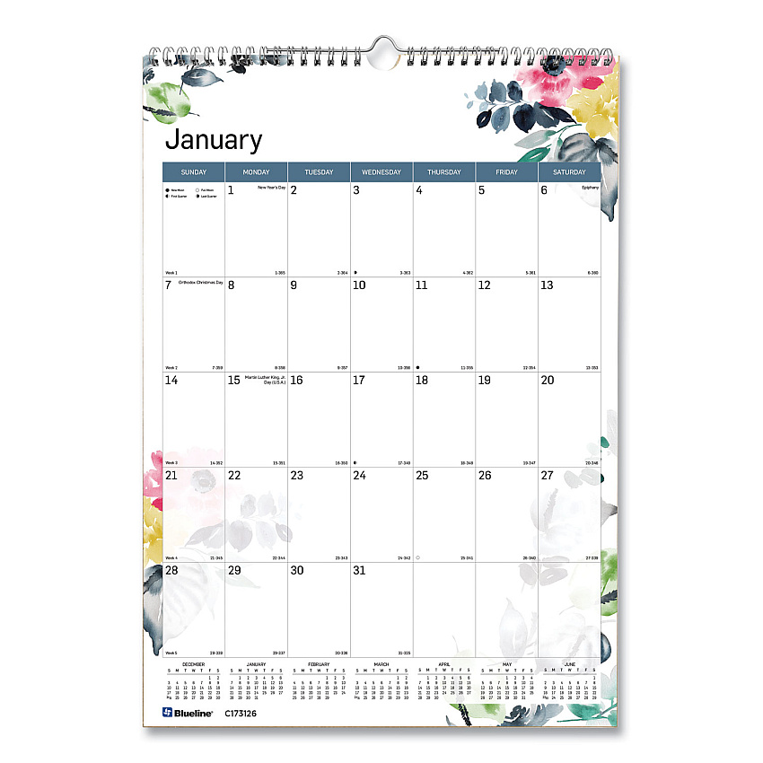 Blueline 12-Month Colorful Wall Calendar, Passion Floral Artwork, 12 x 17, White/Multicolor Sheets, 12-Month (Jan to Dec): 2026 (C173126)