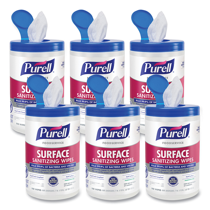 PURELL Foodservice Surface Sanitizing Wipes, 1-Ply, 10 x 7, Fragrance-Free, White, 110/Canister, 6 Canisters/Carton (GOJ934106CT)