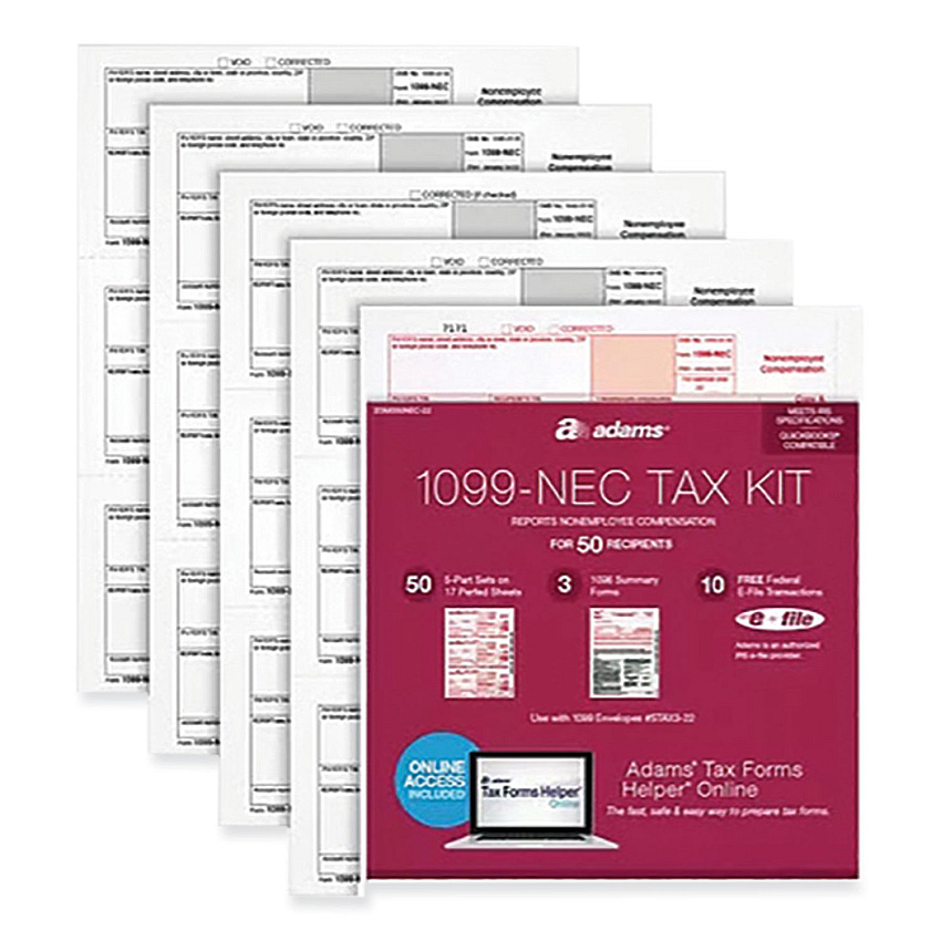 Adams 1099-NEC + 1096 Tax Form Kit with e-File, Inkjet/Laser, Fiscal Year: 2023, 5-Part, 8.5 x 3.67, 3 Forms/Sheet, 50 Forms Total (ABFSTAX550NEC22)