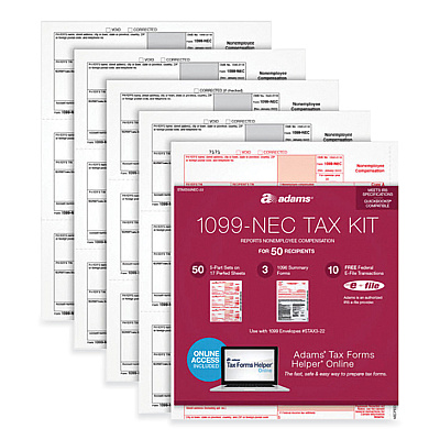 Adams 1099-NEC + 1096 Tax Form Bundle, Inkjet/Laser, Fiscal Year: 2023, 5-Part, 8.5 x 3.67, 3 Forms/Sheet, 24 Forms Total (ABFX5241NEC22)