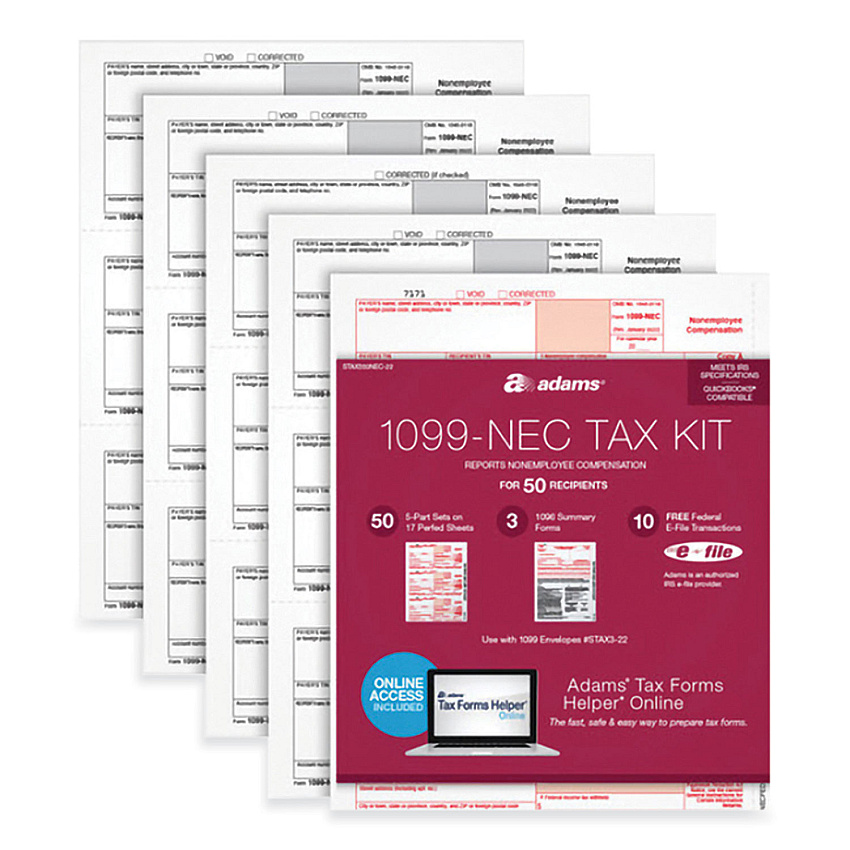 Adams 1099-NEC + 1096 Tax Form Bundle, Inkjet/Laser, Fiscal Year: 2023, 5-Part, 8.5 x 3.67, 3 Forms/Sheet, 24 Forms Total (ABFX5241NEC22)
