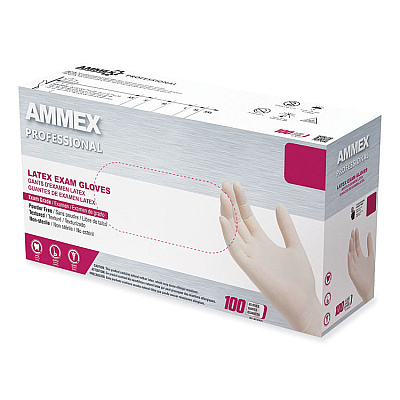 AMMEX Professional Latex Exam Gloves, Powder-Free, Small, 4 mil (Palm), 5 mil (Fingers), Ivory, 100/Box (GPPFT42100)