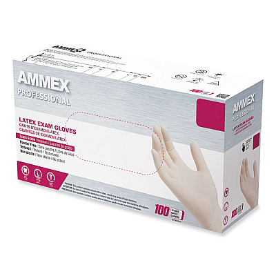 AMMEX Professional Latex Exam Gloves, Powder-Free, Large, 4 mil (Palm), 5 mil (Fingers), Ivory, 100/Box (GPPFT46100)