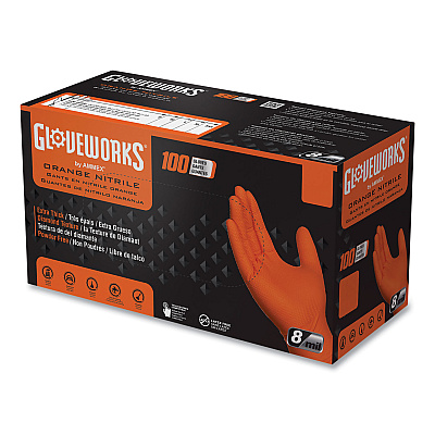GloveWorks by AMMEX Heavy-Duty Industrial Nitrile Gloves, Powder-Free, 8 mil, Medium, Orange, 100/Box (AXCGWON44100)