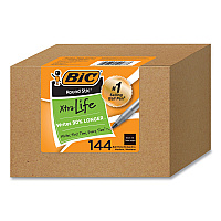 BIC Round Stic Xtra Life Ballpoint Pen, Stick, Medium 1 mm, Black Ink, Translucent Black Barrel, 144/Pack (BICGSM144AZBLK)