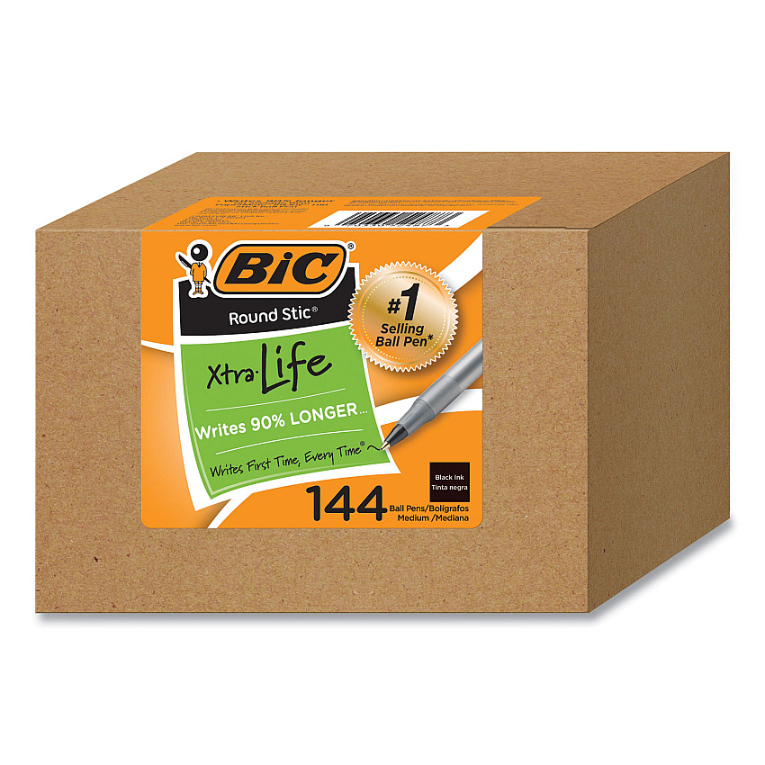 BIC Round Stic Xtra Life Ballpoint Pen, Stick, Medium 1 mm, Black Ink, Translucent Black Barrel, 144/Pack (BICGSM144AZBLK)