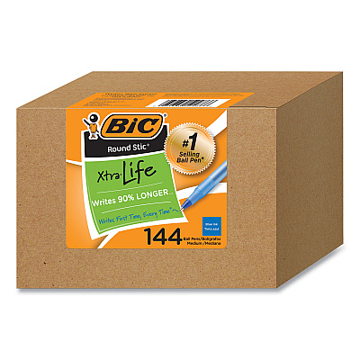 BIC Round Stic Xtra Life Ballpoint Pen, Stick, Medium 1 mm, Blue Ink, Translucent Blue Barrel, 144/Pack (BICGSM144AZBLU)