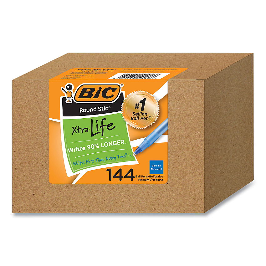 BIC Round Stic Xtra Life Ballpoint Pen, Stick, Medium 1 mm, Blue Ink, Translucent Blue Barrel, 144/Pack (BICGSM144AZBLU)