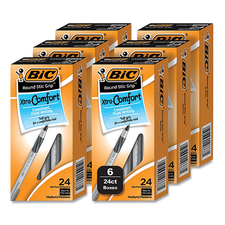 BIC Round Stic Grip Xtra Comfort Ballpoint Pen, Medium 1 mm, Black Ink, Gray/Black, 24/Box, 6 Boxes/Pack (BICGSMG144EBLK)