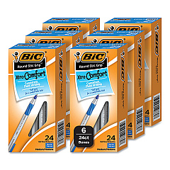 BIC Round Stic Grip Xtra Comfort Ballpoint Pen, Medium 1 mm, Blue Ink, Gray/Blue Barrel, 24/Box, 6 Boxes/Pack (BICGSMG144EBLU)