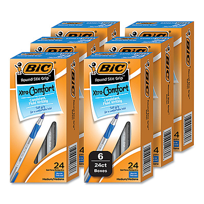 BIC Round Stic Grip Xtra Comfort Ballpoint Pen, Medium 1 mm, Blue Ink, Gray/Blue Barrel, 24/Box, 6 Boxes/Pack (BICGSMG144EBLU)