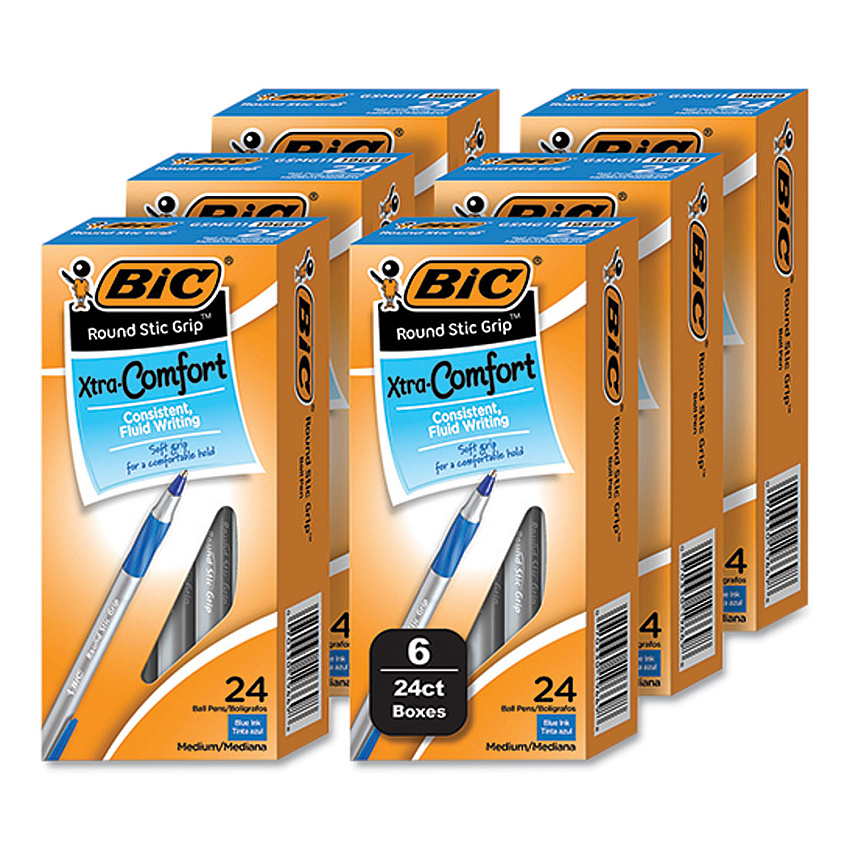 BIC Round Stic Grip Xtra Comfort Ballpoint Pen, Medium 1 mm, Blue Ink, Gray/Blue Barrel, 24/Box, 6 Boxes/Pack (BICGSMG144EBLU)