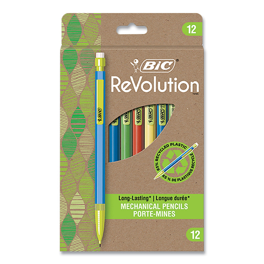 BIC ReVolution Mechanical Pencil, 0.7 mm, HB (#2), Black Lead, Assorted Barrel Colors, 12/Pack (BICMPE12BLK)