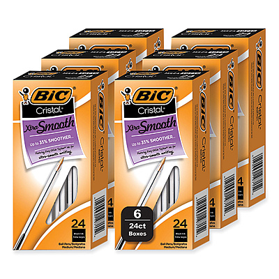 BIC Cristal Xtra Smooth Ballpoint Pen, Stick, Medium 1 mm, Black Ink, Clear Barrel, 24/Box, 6 Boxes/Pack (BICMS144EBLK)