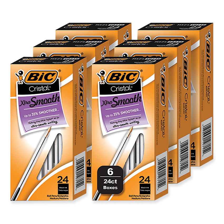 BIC Cristal Xtra Smooth Ballpoint Pen, Stick, Medium 1 mm, Black Ink, Clear Barrel, 24/Box, 6 Boxes/Pack (BICMS144EBLK)