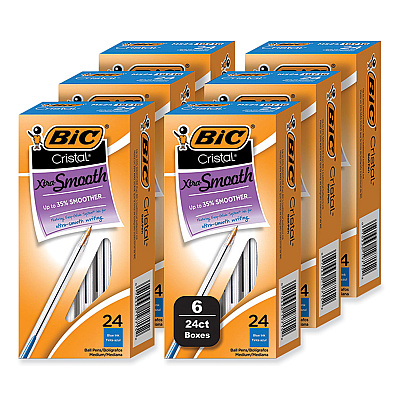BIC Cristal Xtra Smooth Ballpoint Pen, Stick, Medium 1 mm, Blue Ink, Clear Barrel, 24/Box, 6 Boxes/Pack (BICMS144EBLU)