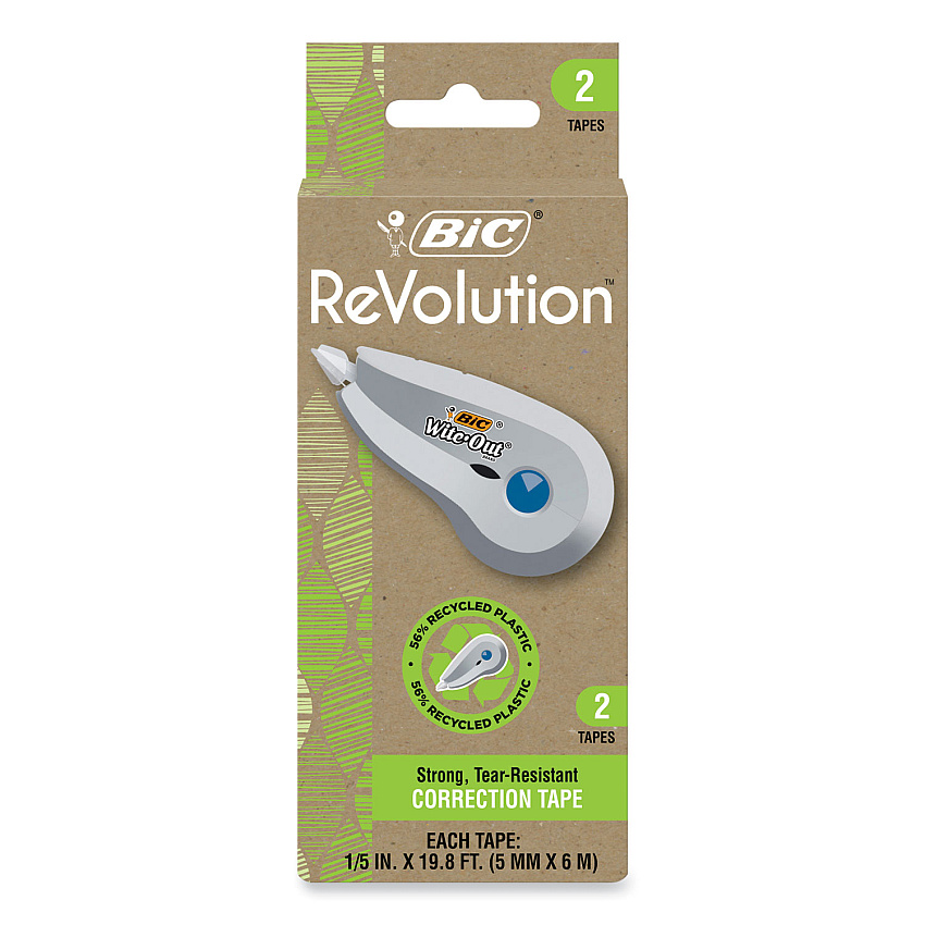 BIC Wite-Out Brand Ecolutions Correction Tape, Non-Refillable, White,  0.2" x 19.8 ft, 2/Pack (BICWOET21WHI)