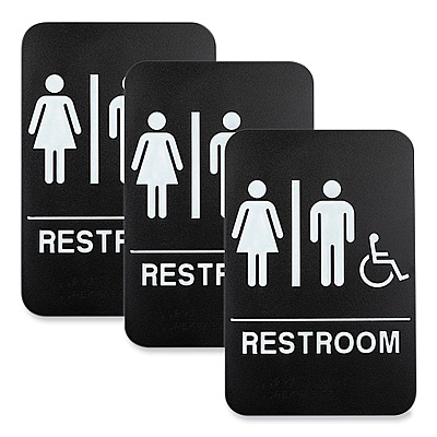 General Printing & Design Indoor/Outdoor Restroom Sign with Braille Text and Wheelchair, 6" x 9", Black Face, White Graphics, 3/Pack (EXOHD0036S)