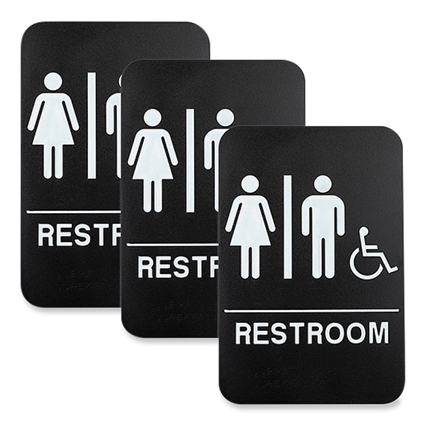 General Printing & Design Indoor/Outdoor Restroom Sign with Braille Text and Wheelchair, 6" x 9", Black Face, White Graphics, 3/Pack (EXOHD0036S)