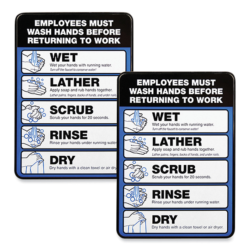 General Printing & Design Employees Must Wash Hands Indoor Wall Sign, 5" x 7", Black/Blue/White Face, Black/Blue Graphics, 2/Pack (EXOHD0171S)