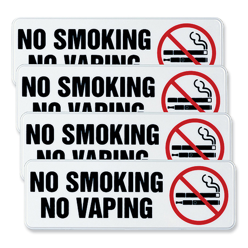 General Printing & Design No Smoking No Vaping Indoor/Outdoor Wall Sign, 9" x 3", Black Face, Black/Red Graphics, 4/Pack (EXOHD0175S)