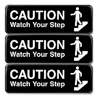 General Printing & Design Caution Watch Your Step Indoor/Outdoor Wall Sign, 9" x 3", Black Face, White Graphics, 3/Pack (EXOHD0268S)