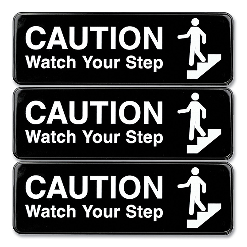 General Printing & Design Caution Watch Your Step Indoor/Outdoor Wall Sign, 9" x 3", Black Face, White Graphics, 3/Pack (EXOHD0268S)