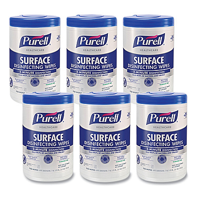 PURELL Healthcare Surface Disinfecting Wipes, 1-Ply, 7" x 10", Unscented, White, 110 Wipes/Canister, 6 Canisters/Carton (GOJ934006)