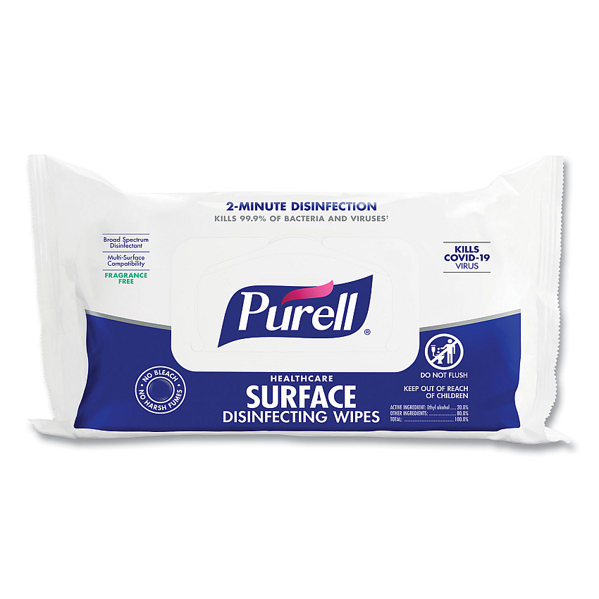 PURELL Healthcare Surface Disinfecting Wipes, 1-Ply, 7" x 10", Unscented, White, 72/Pack (GOJ937012)