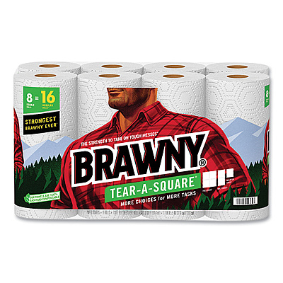 Brawny Tear-A-Square Perforated Kitchen Roll Towels, Double Roll, 2-Ply, 11" x 11", White, 120 Sheets/Roll, 8 Rolls/Pack (GPC443665)