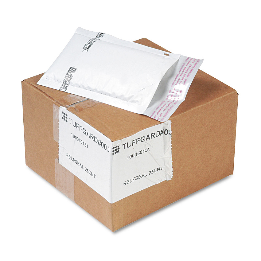 Sealed Air Jiffy TuffGard Self-Seal Cushioned Mailer, #000, Barrier Bubble Air Cell Cushion, Self-Adhesive Closure, 4 x 8, White, 25/CT (SEL49678)