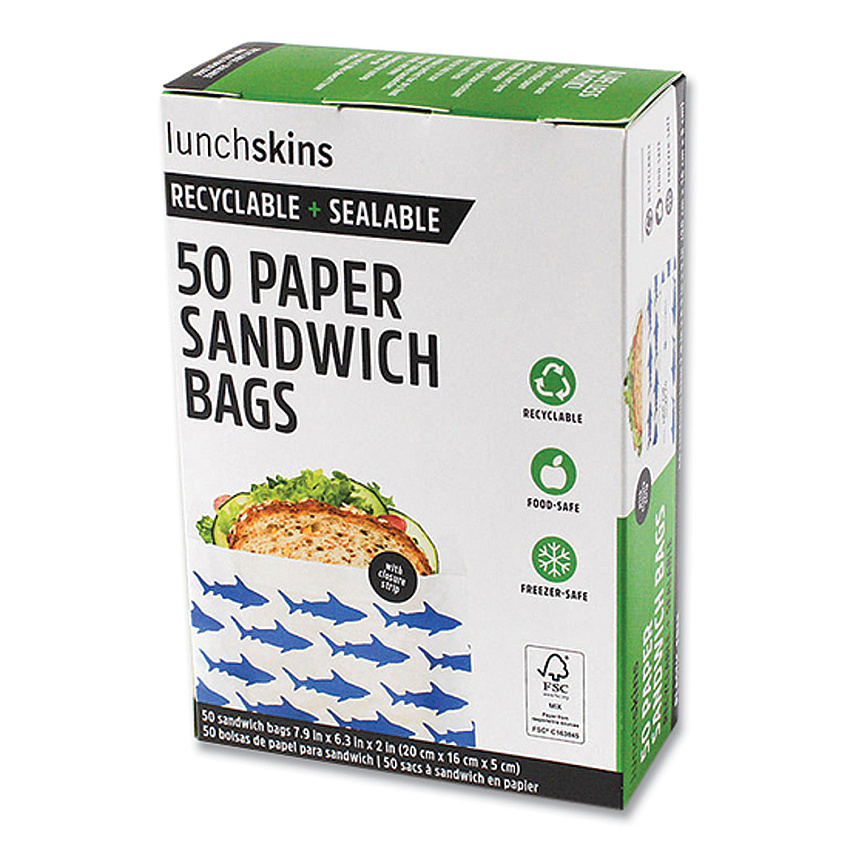 Lunchskins Peel and Seal Sandwich Bag with Closure Strip, 6.3" x 2" x 7.9", Blue Sharks/White, 50/Box (LCH854735005904)