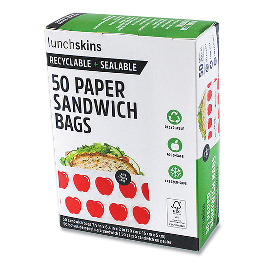 Lunchskins Peel and Seal Sandwich Bag with Closure Strip, 6.3" x 2" x 7.9", Red Apples/White, 50/Box (LCH854735005911)