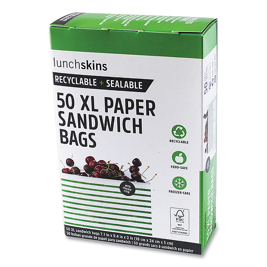 Lunchskins Paper Sandwich Bag, XL Sandwich, 7.1" x 2" x 9.4", Green Stripes/White, 50/Box (LCH865772000494)