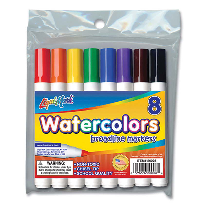 LIQUI-MARK Broadline Watercolor Markers, Broad Chisel Tip, Assorted Colors, 8/Set (LQM80008)