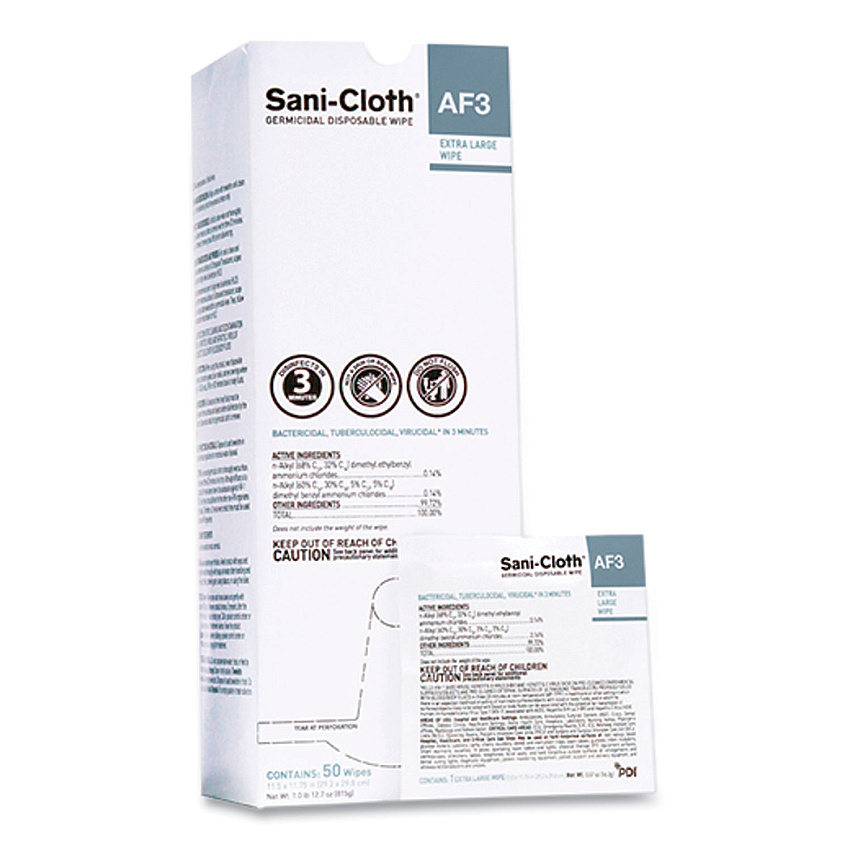 Sani Professional Sani-Cloth AF3 Individually Wrapped Germicidal Disposable Wipes, X-Large, 1-Ply, 11.75" x 11.5", Unscented, White, 50/Box (PDIU27500)