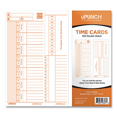 uPunch Time Card for PK1100 Time Clock, Two Sides, 3.38 x 8.25, 100/Pack (PPZC1100)