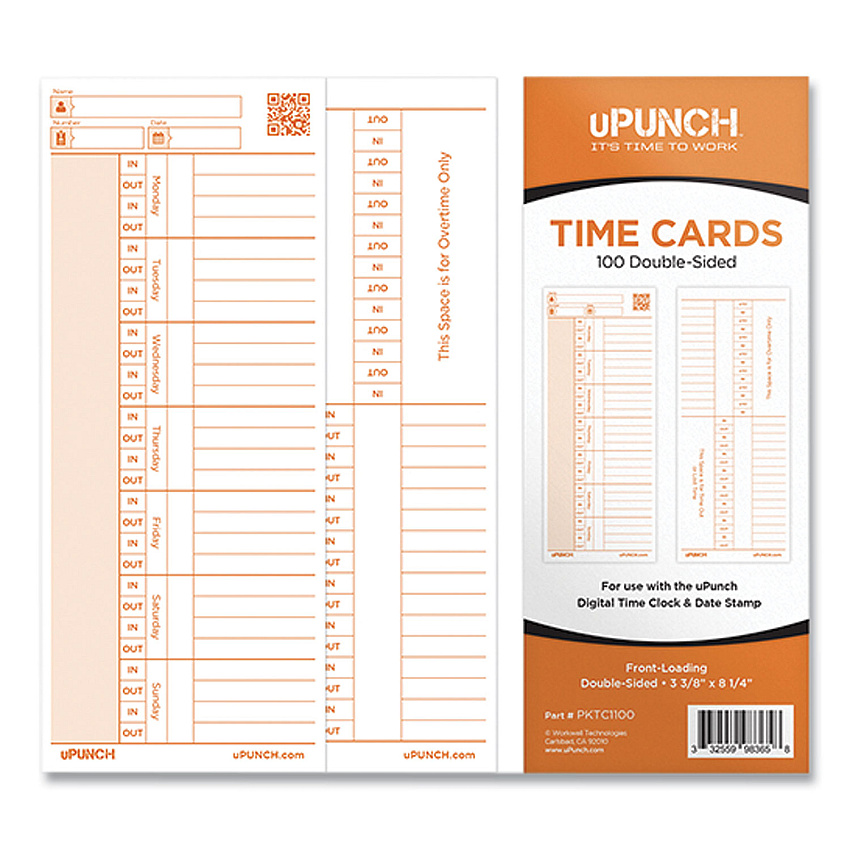 uPunch Time Card for PK1100 Time Clock, Two Sides, 3.38 x 8.25, 100/Pack (PPZC1100)