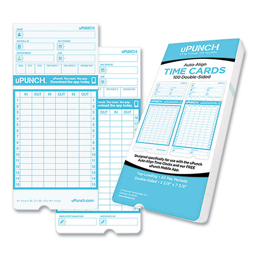 uPunch Pay-to-Punch Time Card for SB1200 Time Clock, Two Sides, 3.38 x 7.38, 100/Pack (PPZCB1100)