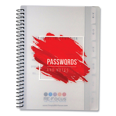 Re-focus the Creative Office Pocket-Style Password Log Book, 480 Total Entries, 4 Entries/Page, White/Red Poly Cover, (60) 7 x 5.5 Sheets (RFCMINIPWBOOKRE)