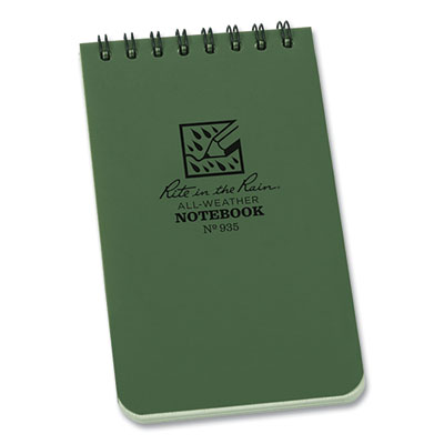 Rite in the Rain All-Weather Wire-O Notepad, Universal: Narrow Rule and Quadrille Rule, Dark Green Cover, 50 White 3 x 5 Sheets (RIR935)