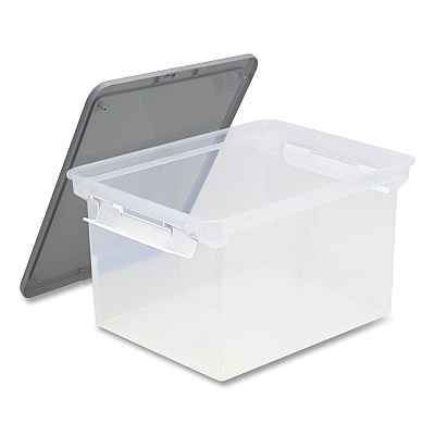 Storex Tote with Locking Handles, Legal/Letter, 13.9" x 18.3" x 10.6", Clear/Silver, 4/Carton (STX61530U04C)
