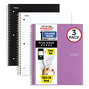 Five Star Wirebound Notebook with Two Pockets, 1-Subject, Medium/College Rule, Assorted Cover Color, (100) 11 x 8.5 Sheets, 3/Pack (MEA820188)