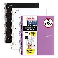Five Star Wirebound Notebook with Two Pockets, 1-Subject, Medium/College Rule, Assorted Cover Color, (100) 11 x 8.5 Sheets, 3/Pack (MEA820188)