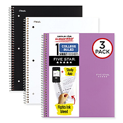 Five Star Wirebound Notebook with Two Pockets, 1-Subject, Medium/College Rule, Assorted Cover Color, (100) 11 x 8.5 Sheets, 3/Pack (MEA820188)