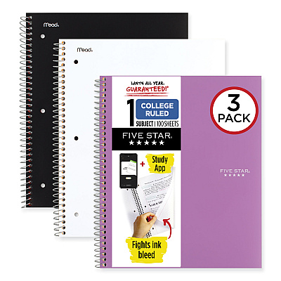 Five Star Wirebound Notebook with Two Pockets, 1-Subject, Medium/College Rule, Assorted Cover Color, (100) 11 x 8.5 Sheets, 3/Pack (MEA820188)