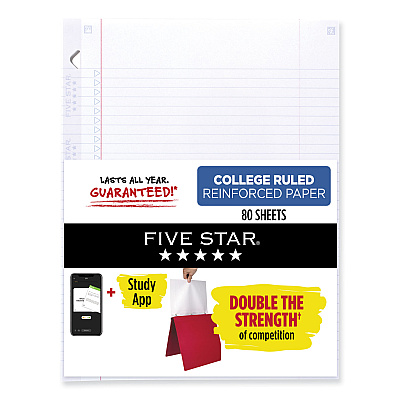 Five Star Reinforced Filler Paper Plus Study App, 3-Hole, 8.5 x 11, College Rule, 80/Pack (MEA170102)