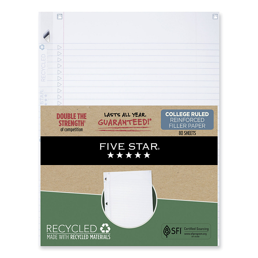 Five Star Reinforced Filler Paper Plus Study App, 3-Hole, 8.5 x 11, College Rule, 80/Pack (MEA170023)