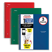 Five Star Wirebound Notebook with Two Pockets, 1-Subject, Medium/College Rule, Assorted Cover Color, (100) 11 x 8.5 Sheets, 3/Pack (MEA820189)