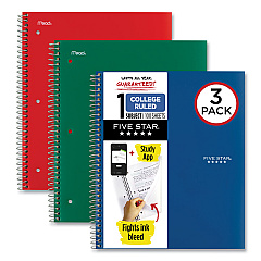 Five Star Wirebound Notebook with Two Pockets, 1-Subject, Medium/College Rule, Assorted Cover Color, (100) 11 x 8.5 Sheets, 3/Pack (MEA820189)